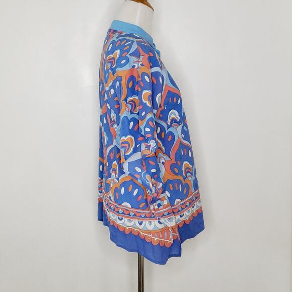 J. McLaughlin Button Front Poncho Printed Blue Orange Boxy Relaxed Women XS - Picture 2 of 10